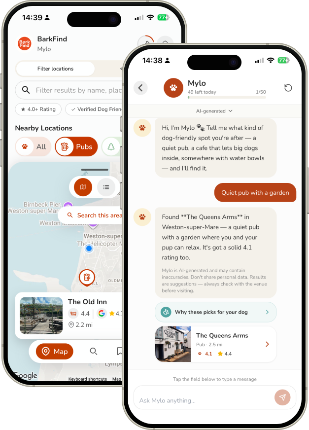 BarkFind app showing the map and the Ask Mylo assistant